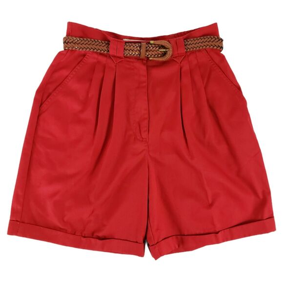 Vtg Karen Scott Size 8 PETITE Red Pleated High Waist Cuffed Mom Shorts w/ Belt - Picture 10 of 10